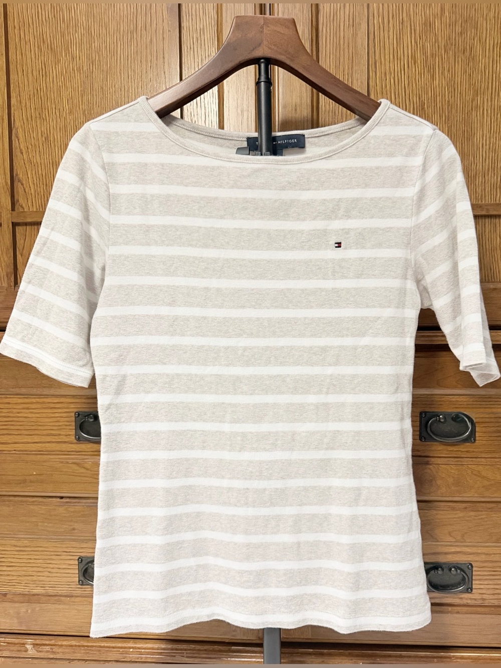 Tommy Hilfiger Striped Sabrina Boatneck Tee 100% Cotton Preppy Neutral Nautical